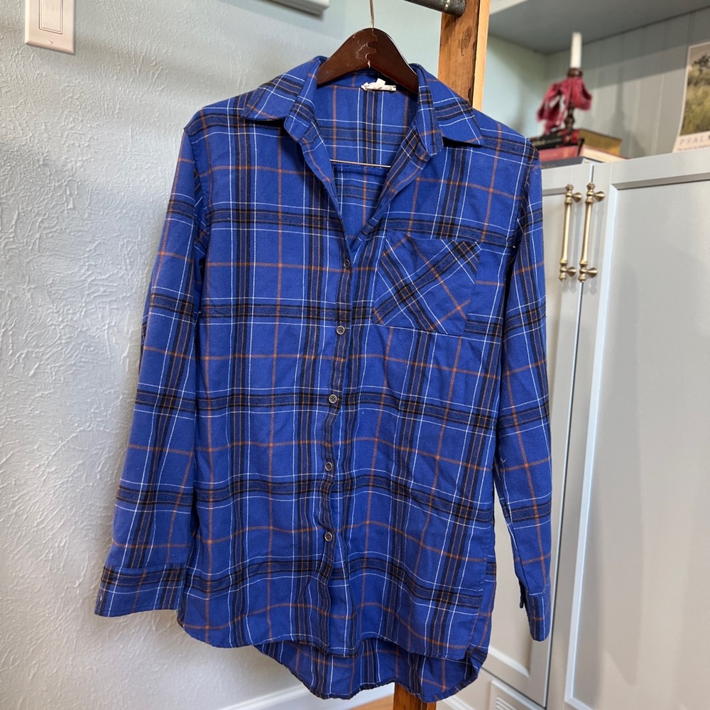 Tunic Length Blue Plaid Shirt